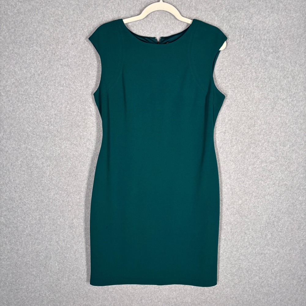 Vince Camuto Scuba Knit Sheath Dress 12 Green Cap Sleeve Exposed Zipper Crepe